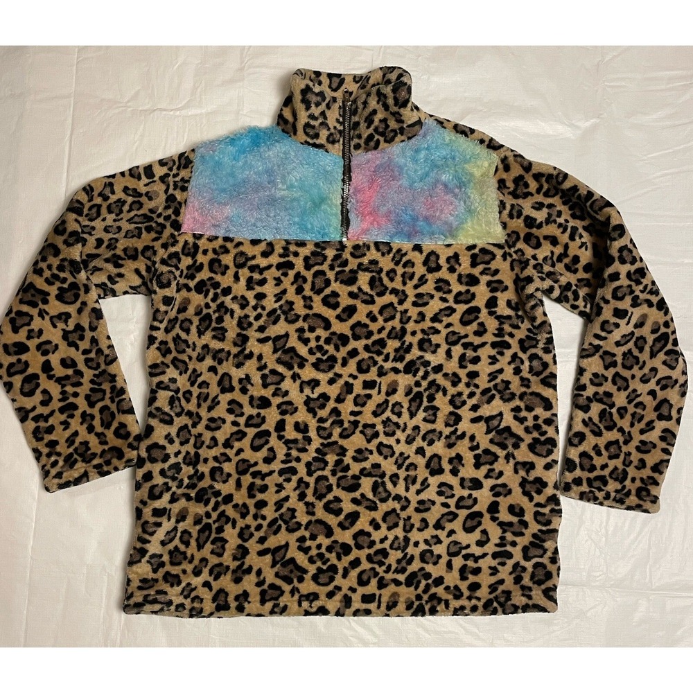 Cheetah Leopard Print Sweatshirt Size L‎ Tie Dye Fleece Jacket 1/4 Zip W/Pockets